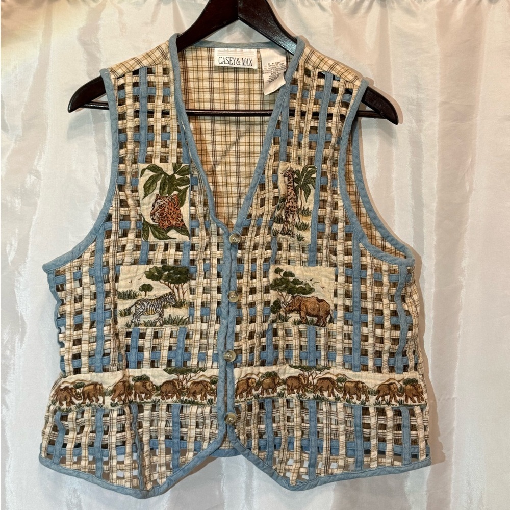 Cream and Blue Embellished Boxy Vest